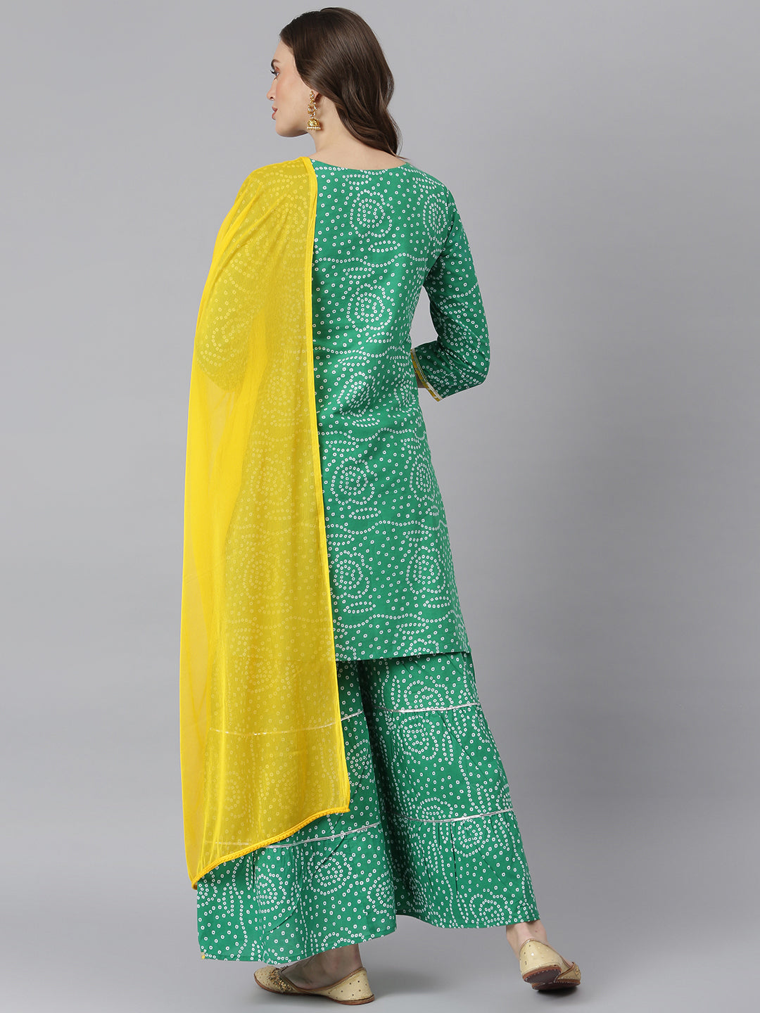 Women Bandhani Print Cotton Straight Kurta Sharara Dupatta Set (Pre-Order)