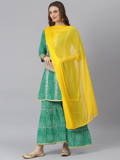 Women Bandhani Print Cotton Straight Kurta Sharara Dupatta Set (Pre-Order)
