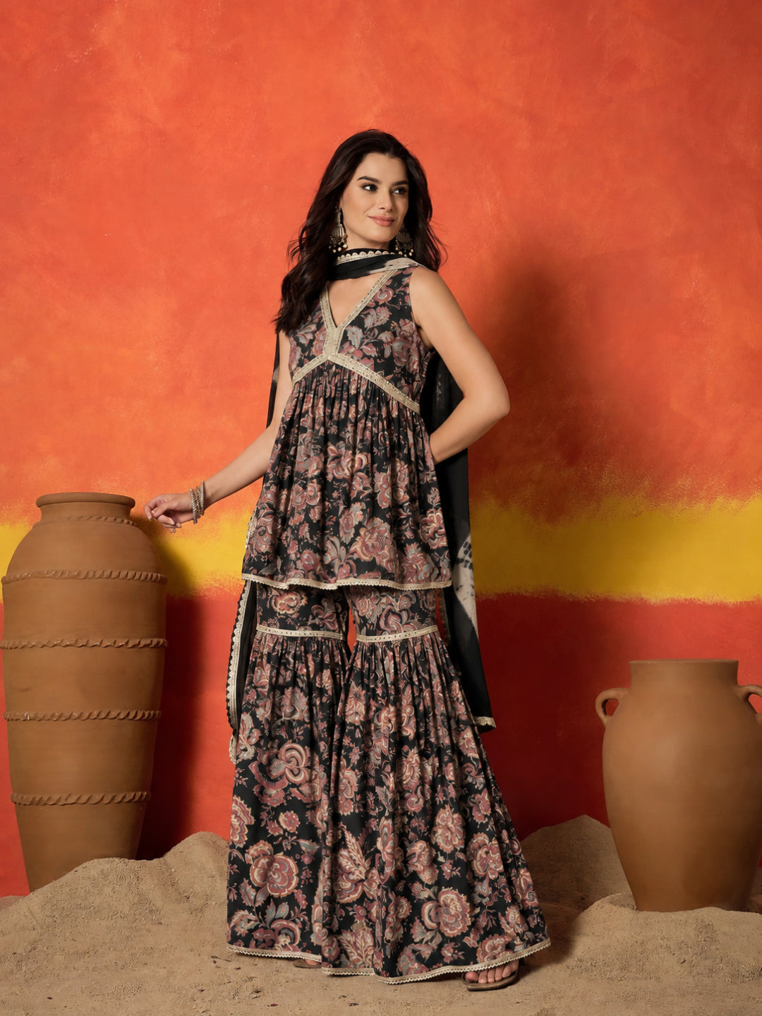 Floral Printed Pure Cotton A-Line Short Kurti Sharara Dupatta Set