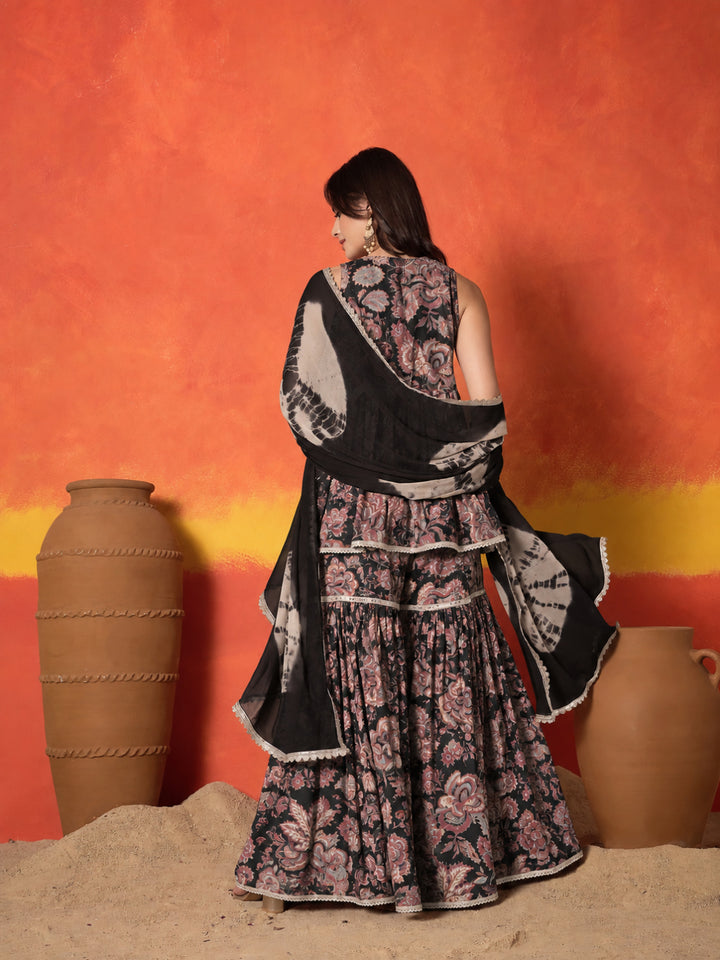 Floral Printed Pure Cotton A-Line Short Kurti Sharara Dupatta Set