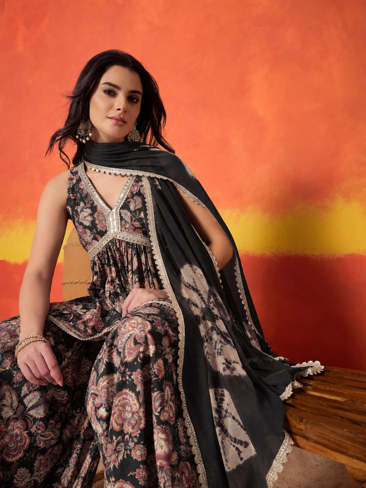 Floral Printed Pure Cotton A-Line Short Kurti Sharara Dupatta Set