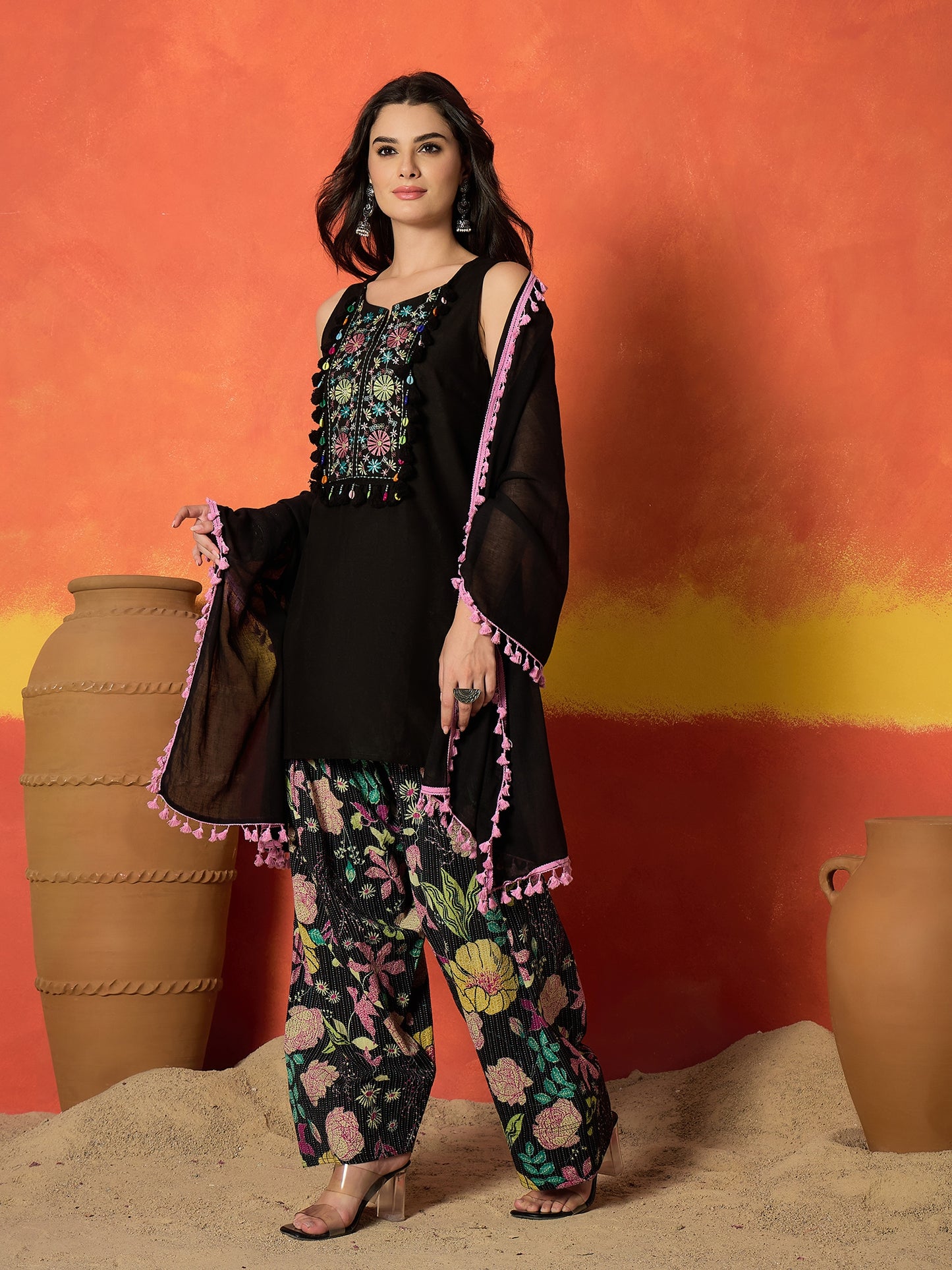 Solid & Embroidered Pure Cotton Straight Kurti Farshi Salwar With With Dupatta