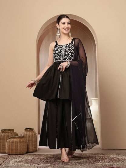 Black Solid & Embroidered Rayon Short Kurti Sharara Dupatta Set