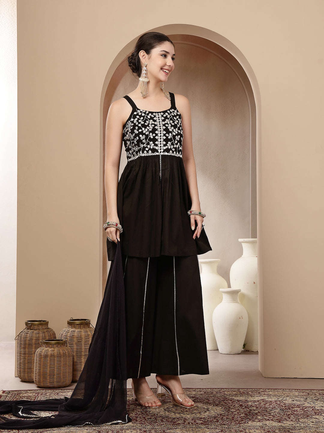 Black Solid & Embroidered Rayon Short Kurti Sharara Dupatta Set