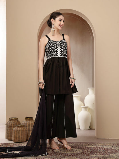 Black Solid & Embroidered Rayon Short Kurti Sharara Dupatta Set