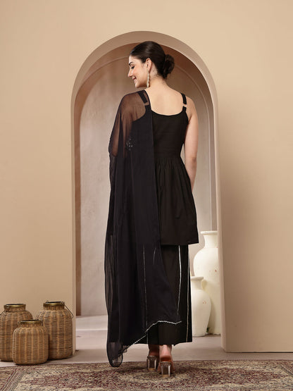 Black Solid & Embroidered Rayon Short Kurti Sharara Dupatta Set
