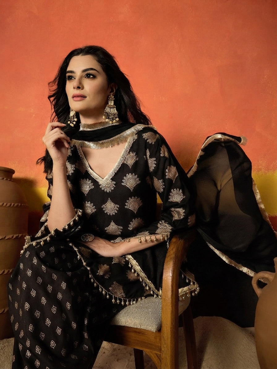 Printed Rayon A-Line Kurti Farshi Salwar With Dupatta