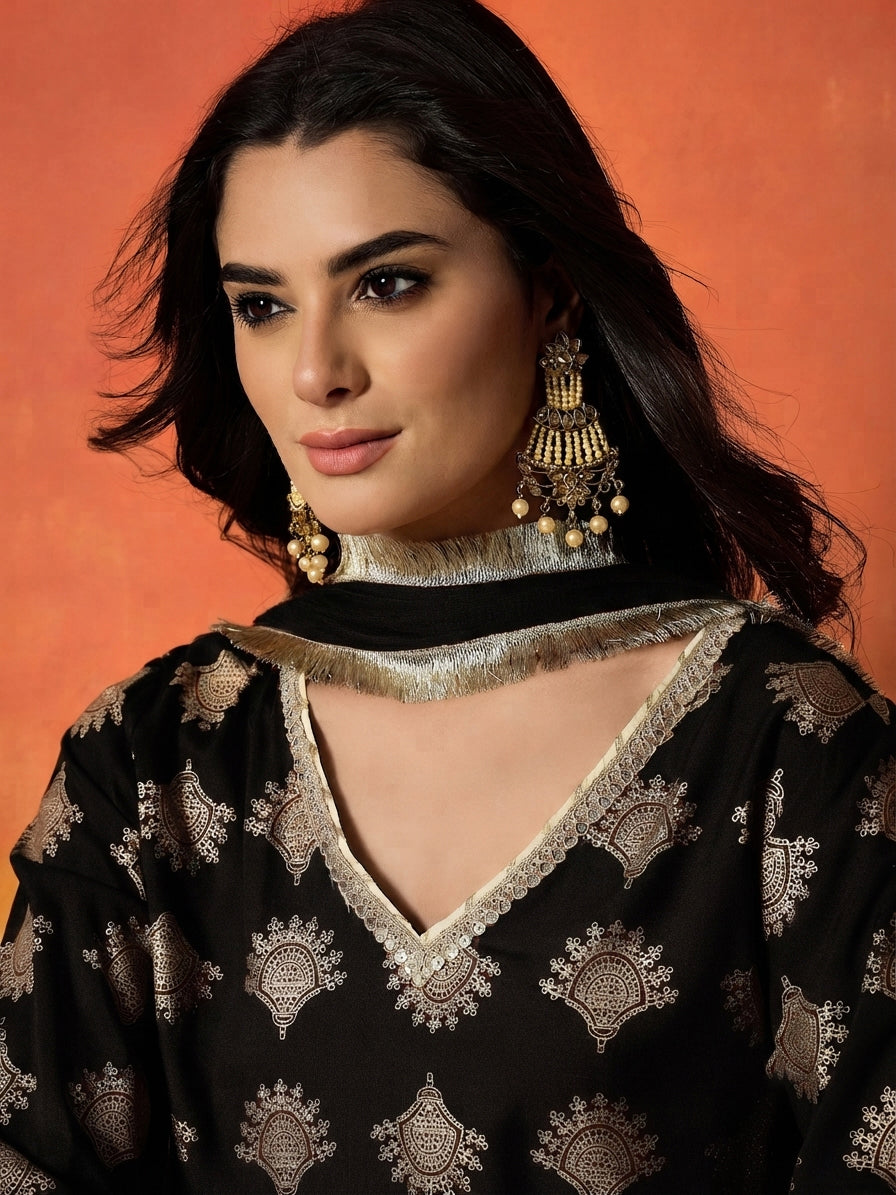 Printed Rayon A-Line Kurti Farshi Salwar With Dupatta