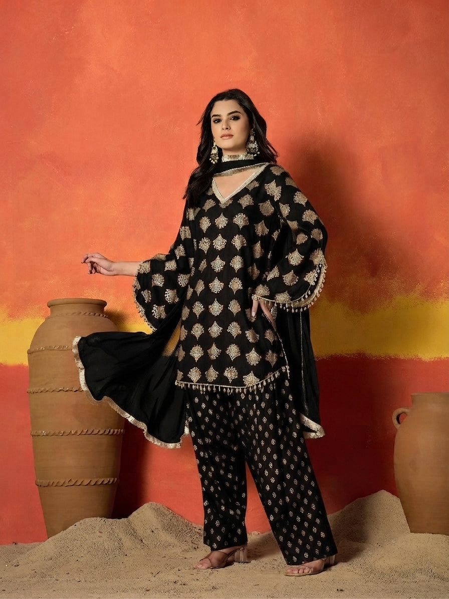 Printed Rayon A-Line Kurti Farshi Salwar With Dupatta