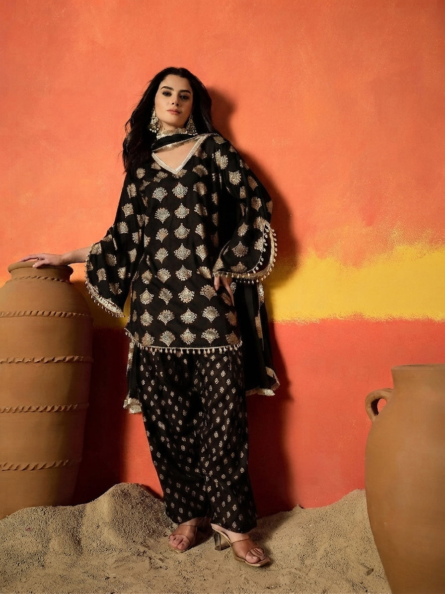 Printed Rayon A-Line Kurti Farshi Salwar With Dupatta