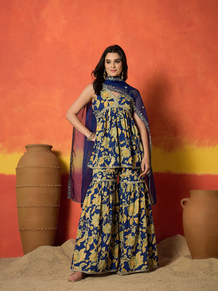Floral Printed Pure Cotton A-Line Short Kurti Sharara Dupatta Set