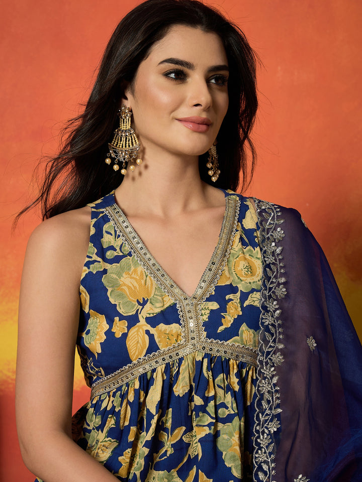 Floral Printed Pure Cotton A-Line Short Kurti Sharara Dupatta Set
