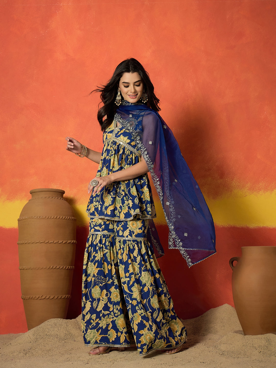 Floral Printed Pure Cotton A-Line Short Kurti Sharara Dupatta Set