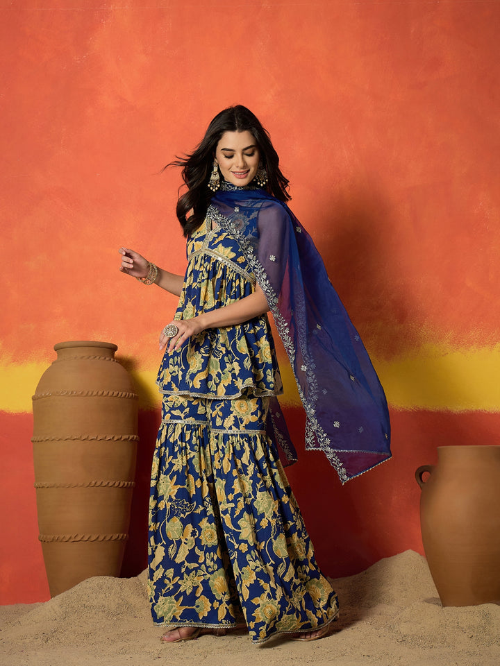 Floral Printed Pure Cotton A-Line Short Kurti Sharara Dupatta Set