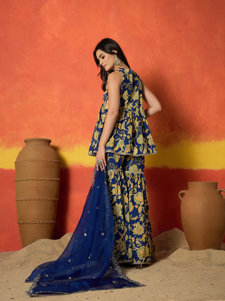Floral Printed Pure Cotton A-Line Short Kurti Sharara Dupatta Set