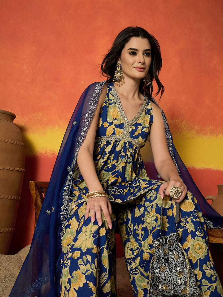 Floral Printed Pure Cotton A-Line Short Kurti Sharara Dupatta Set
