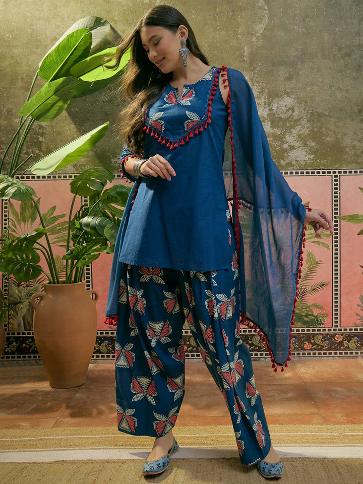 Solid Cotton Straight Kurti Salwar Dupatta Set