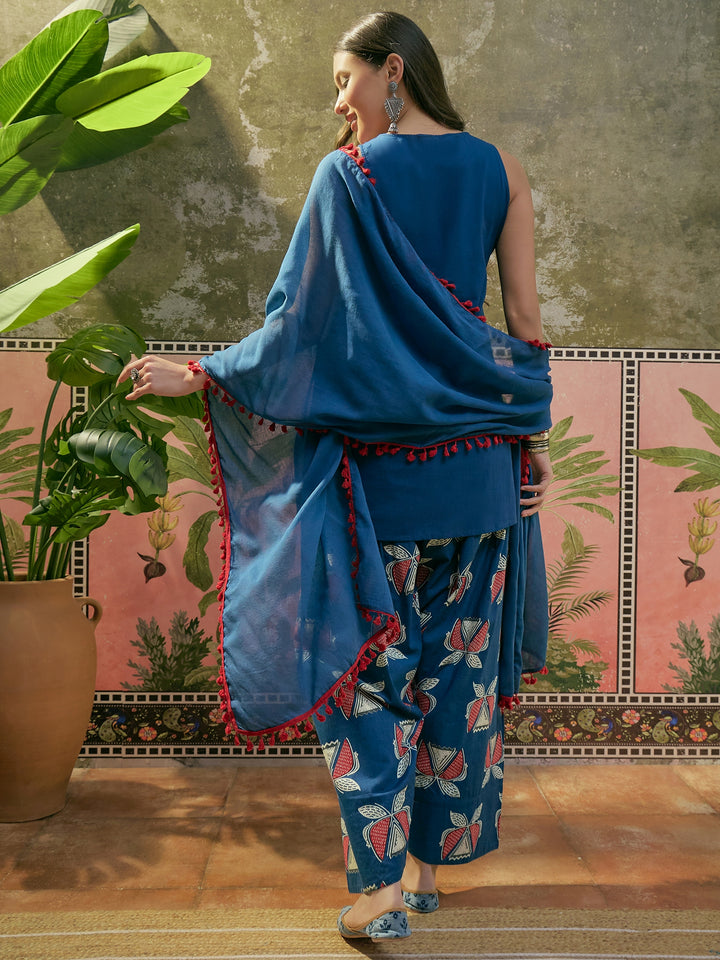 Solid Cotton Straight Kurti Salwar Dupatta Set