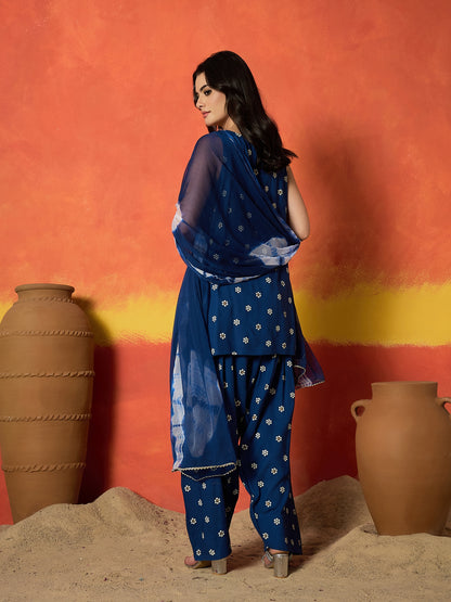Floral Printed Rayon Straight Kurti Farshi Salwar Dupatta Set