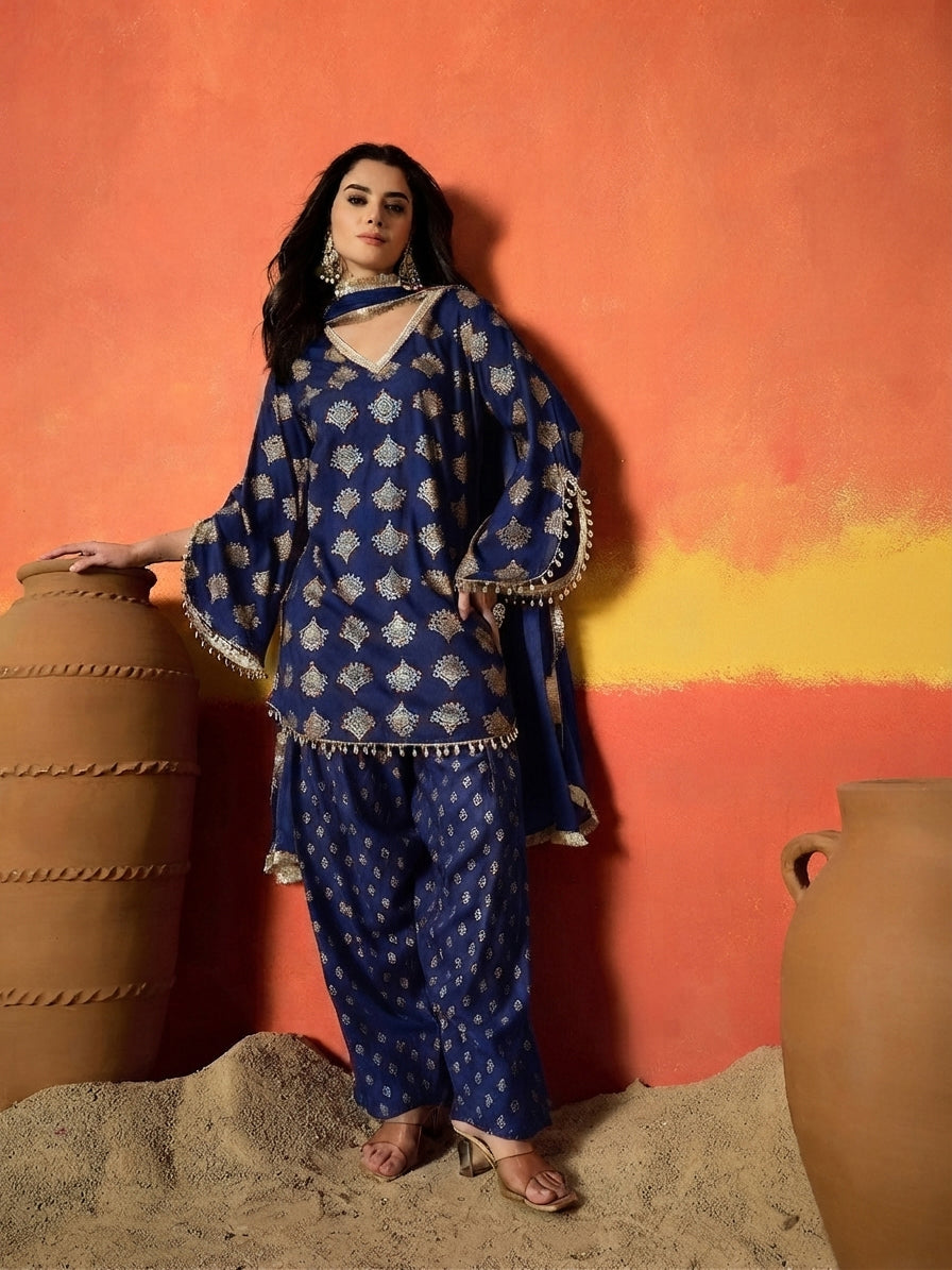 Printed Rayon A-Line Kurti Farshi Salwar With Dupatta