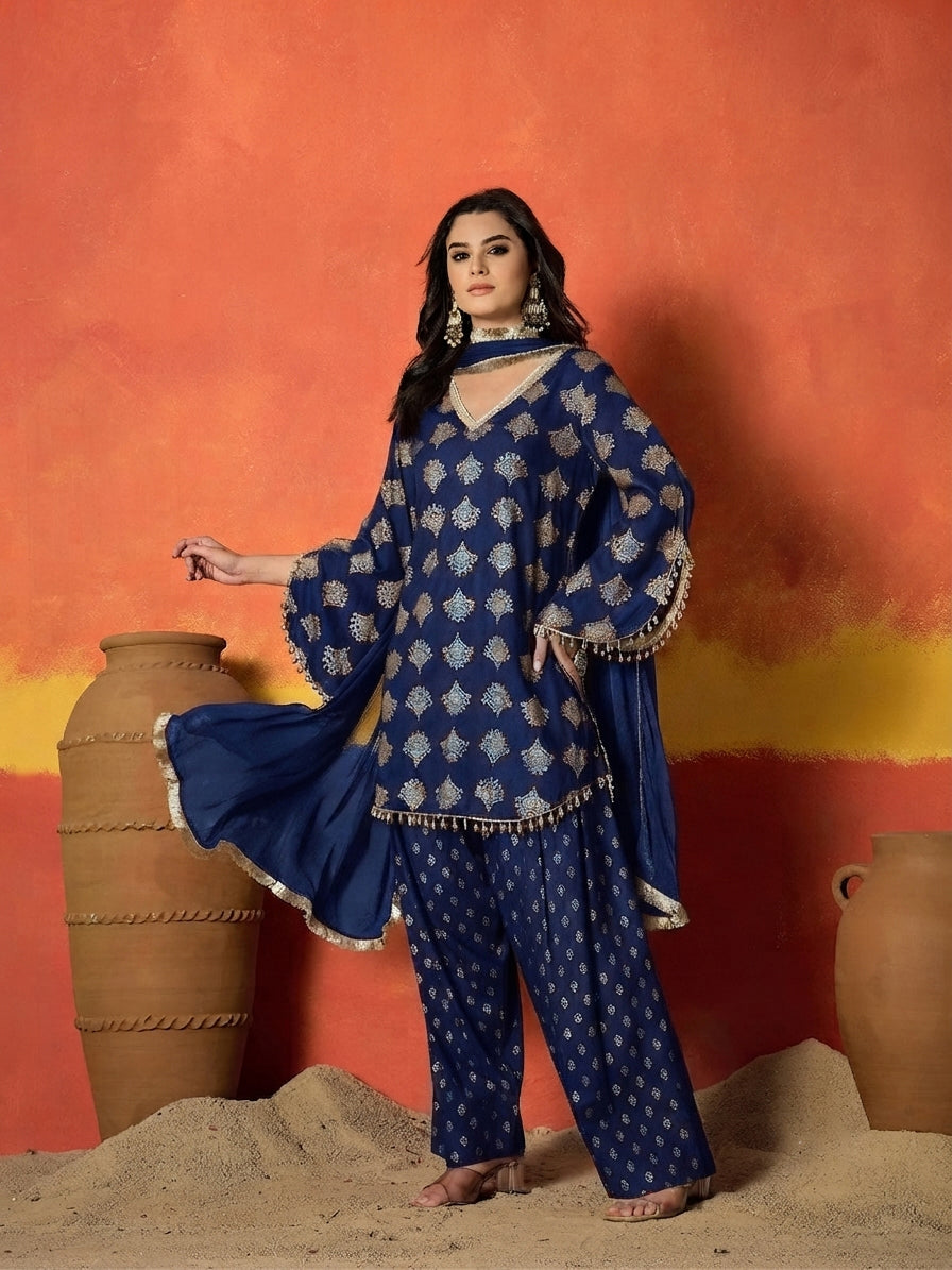 Printed Rayon A-Line Kurti Farshi Salwar With Dupatta