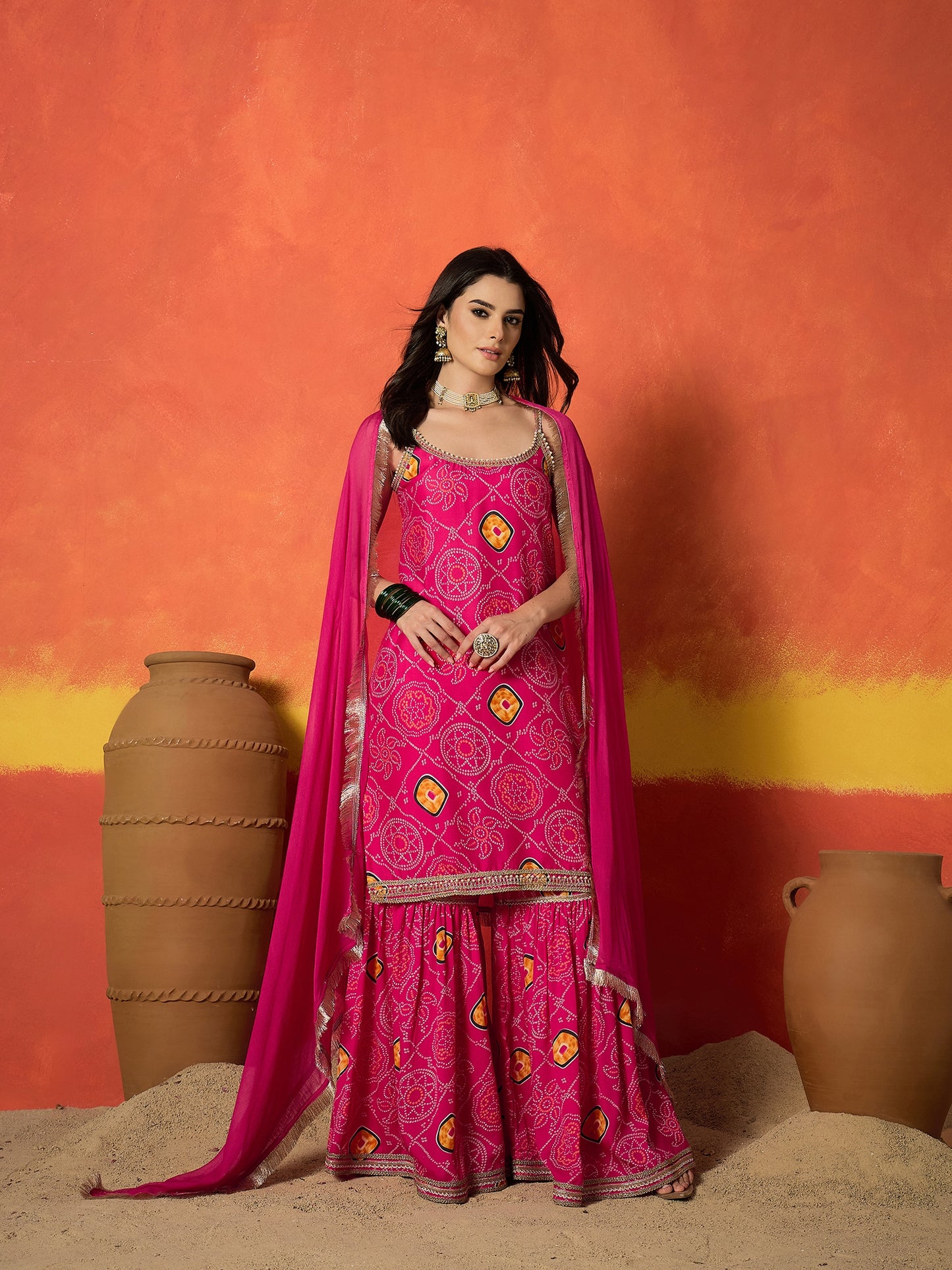 Bandhej Printed Crepe Straight Kurta Sharara Dupatta Set