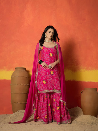 Bandhej Printed Crepe Straight Kurta Sharara Dupatta Set