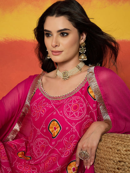 Bandhej Printed Crepe Straight Kurta Sharara Dupatta Set