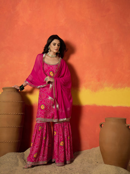 Bandhej Printed Crepe Straight Kurta Sharara Dupatta Set