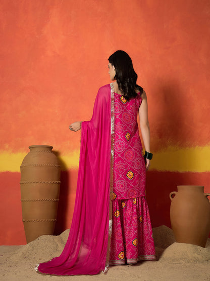 Bandhej Printed Crepe Straight Kurta Sharara Dupatta Set