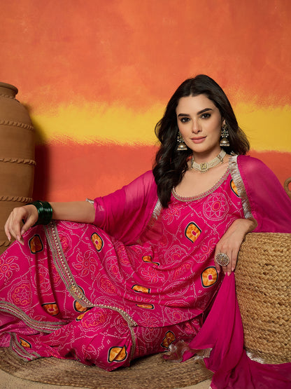 Bandhej Printed Crepe Straight Kurta Sharara Dupatta Set