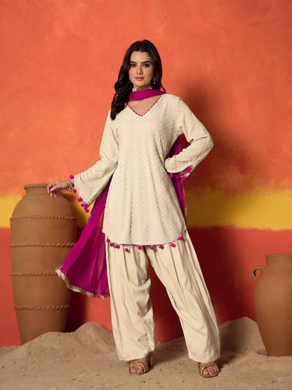 Chikankari Rayon A-Line Kurti Farshi Salwar With Dupatta Set