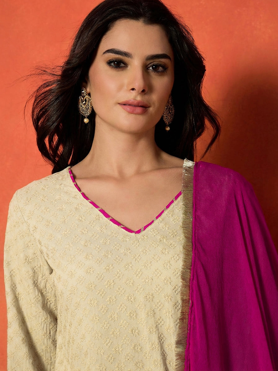 Chikankari Rayon A-Line Kurti Farshi Salwar With Dupatta Set