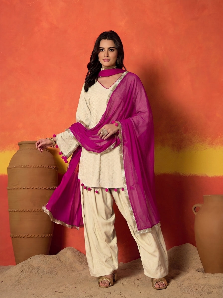 Chikankari Rayon A-Line Kurti Farshi Salwar With Dupatta Set