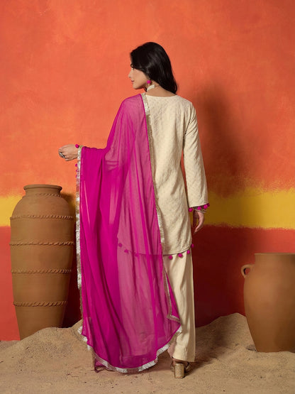 Chikankari Rayon A-Line Kurti Farshi Salwar With Dupatta Set