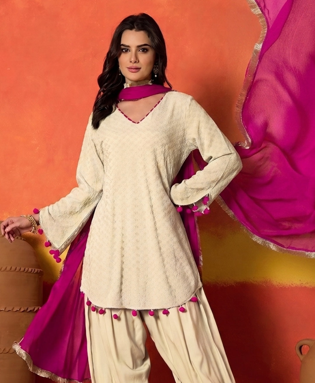 Chikankari Rayon A-Line Kurti Farshi Salwar With Dupatta Set