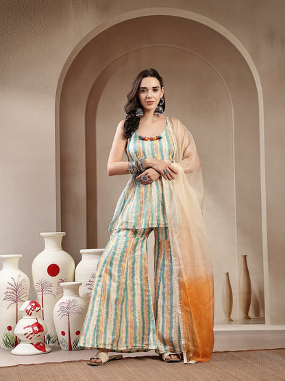 Cream Leheriya Printed Kota Doria Short Kurti Sharara Dupatta Set (Pre-Order)