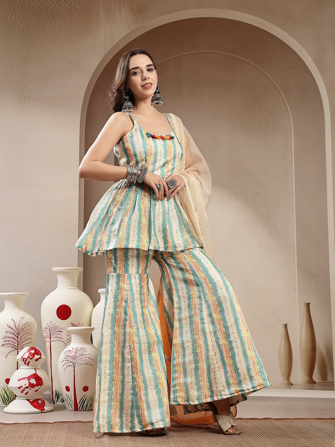 Cream Leheriya Printed Kota Doria Short Kurti Sharara Dupatta Set