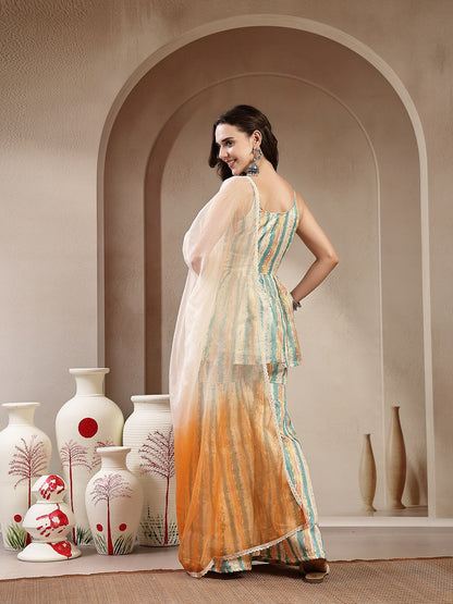 Cream Leheriya Printed Kota Doria Short Kurti Sharara Dupatta Set (Pre-Order)