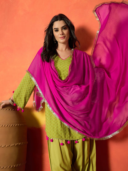 Chikankari Rayon A-Line Kurti Farshi Salwar With Dupatta Set