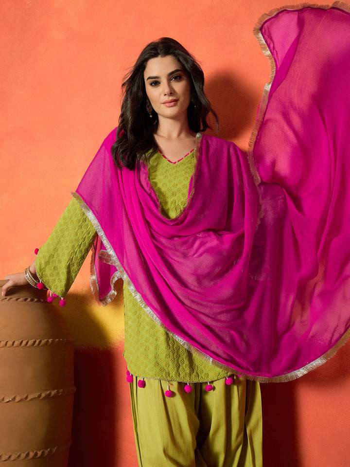 Chikankari Rayon A-Line Kurti Farshi Salwar With Dupatta Set