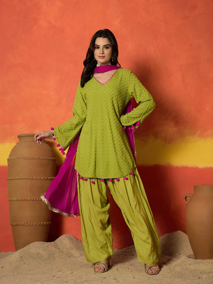 Chikankari Rayon A-Line Kurti Farshi Salwar With Dupatta Set