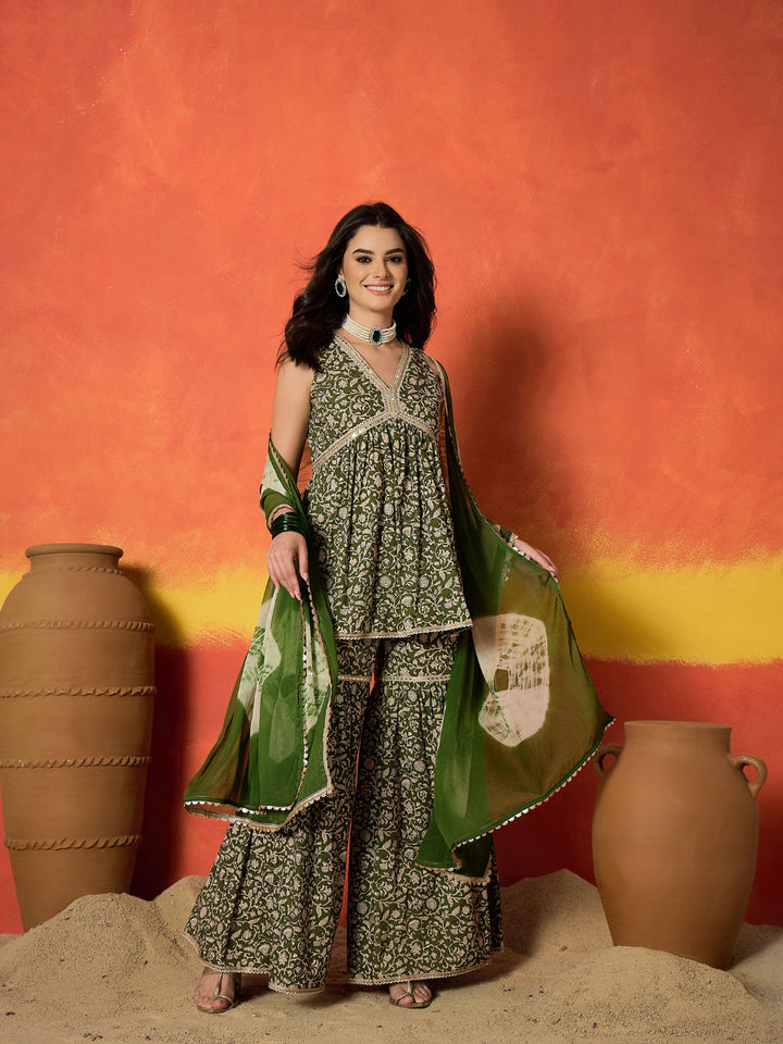 Floral Printed Pure Cotton A-Line Short Kurti Sharara Dupatta Set