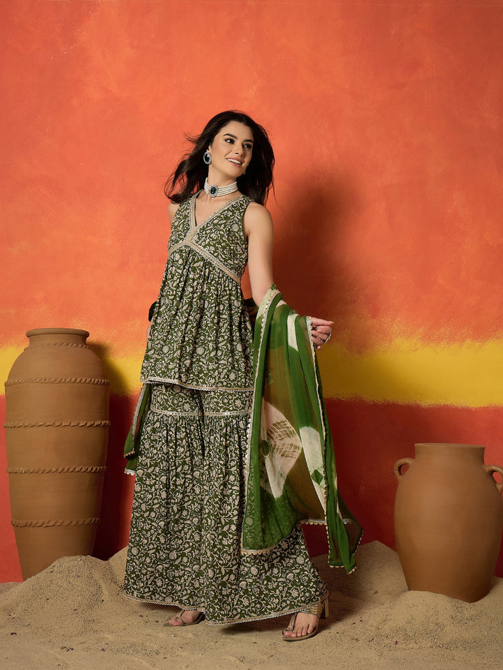 Floral Printed Pure Cotton A-Line Short Kurti Sharara Dupatta Set