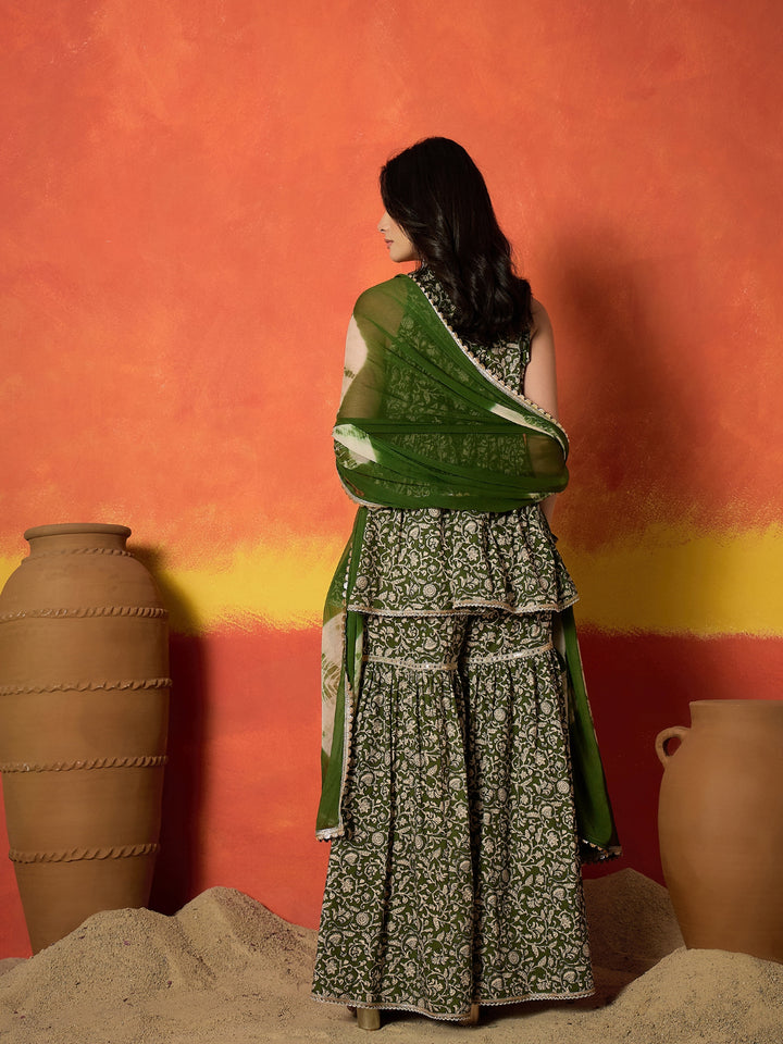 Floral Printed Pure Cotton A-Line Short Kurti Sharara Dupatta Set