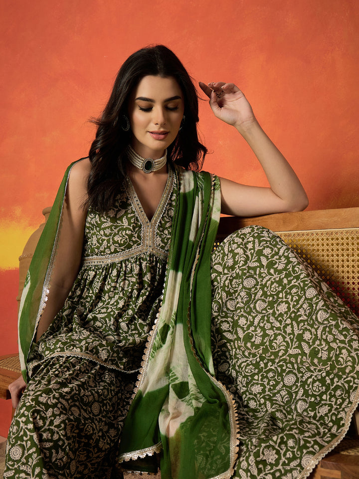 Floral Printed Pure Cotton A-Line Short Kurti Sharara Dupatta Set