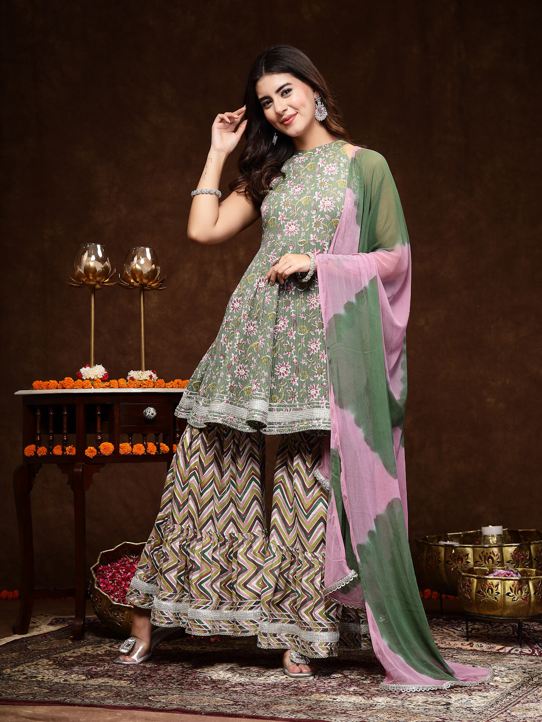 Green Floral Printed Katha Cotton Flared Kurta Sharara Dupatta Set (Pre-Order)