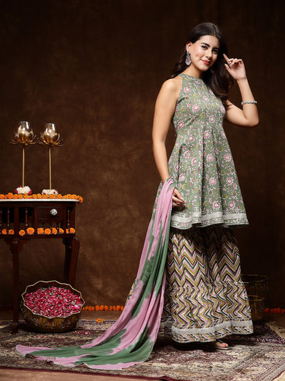 Green Floral Printed Katha Cotton Flared Kurta Sharara Dupatta Set