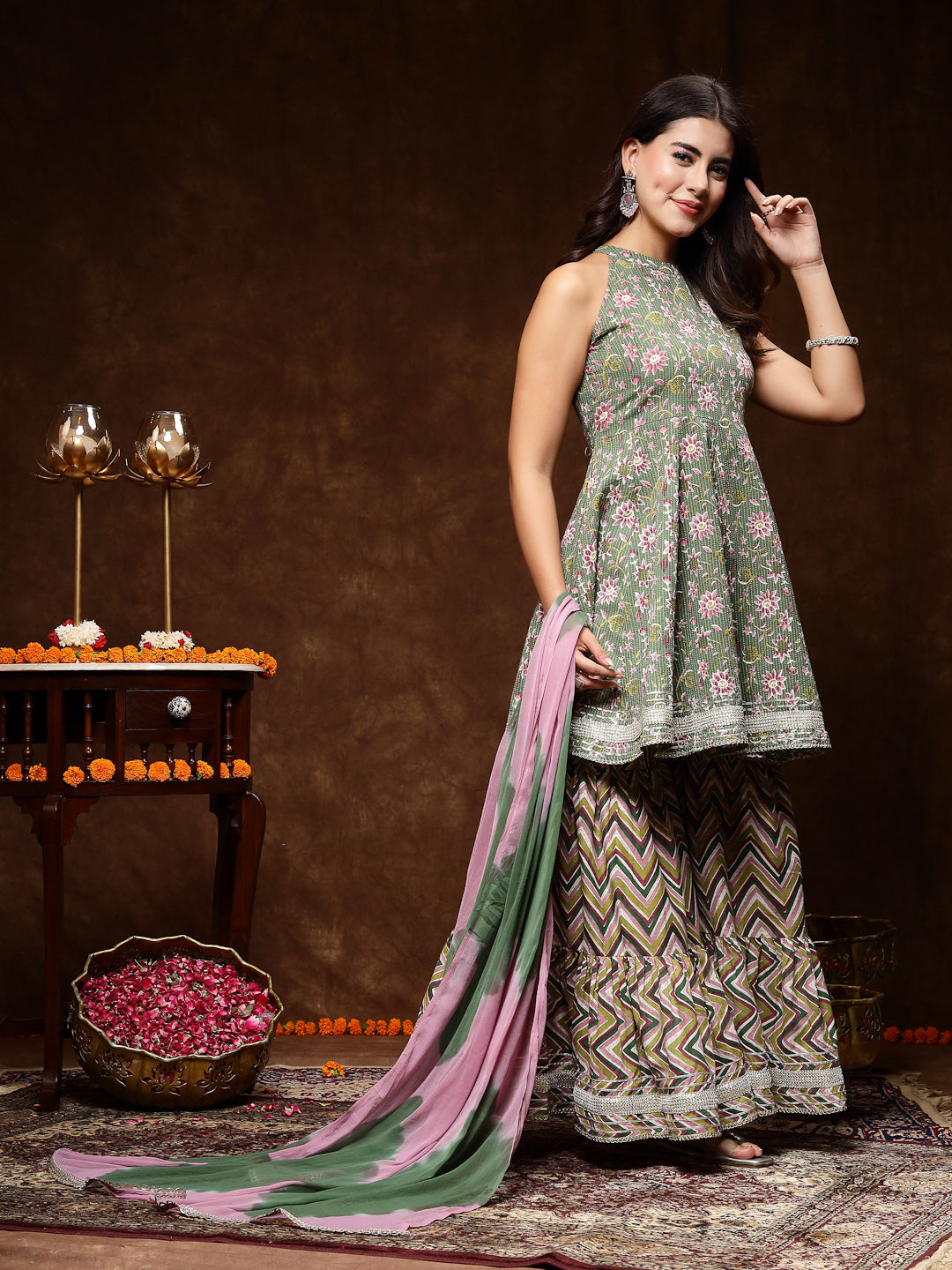 Green Floral Printed Katha Cotton Flared Kurta Sharara Dupatta Set (Pre-Order)