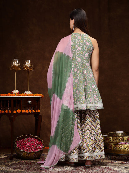 Green Floral Printed Katha Cotton Flared Kurta Sharara Dupatta Set
